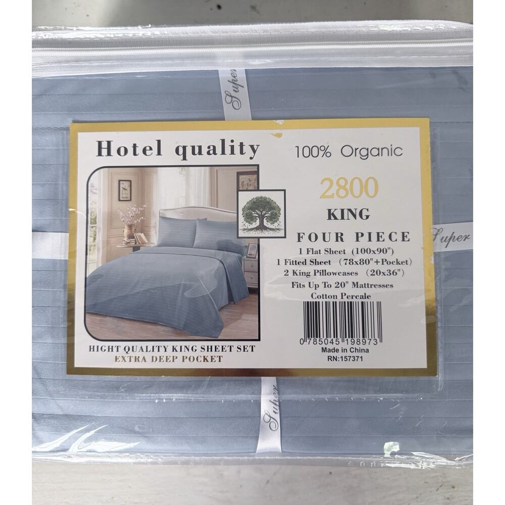 Hotel Quality 2800 Series 100% Cotton Sheet Set King Size 4 Piece Light Blue